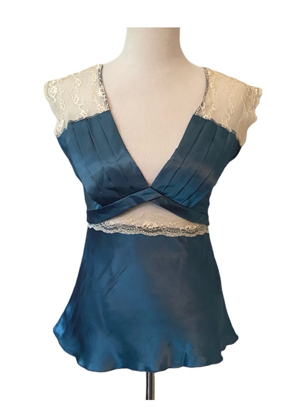 Miss Chievous Teal Satin Chemise Top with Cream Lace